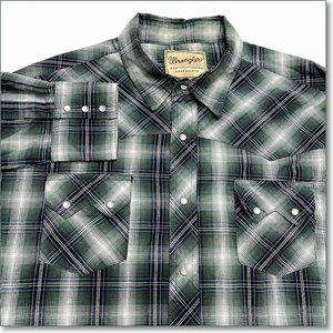 Wrangler Western Pearl Snap Shirt 2XL Green Blue Plaid‎ Cowboy Mens